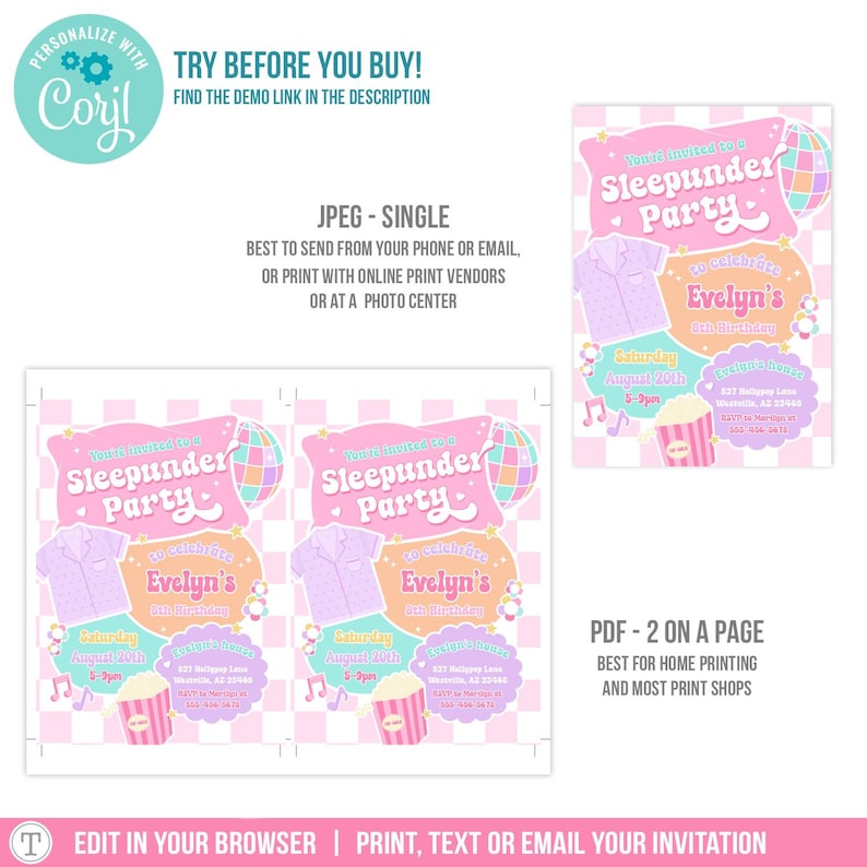 May include: Pink and purple sleepover party invitations with text that reads "Sleepunder Party" and "Evelyn's 8th Birthday." The invitations include a pajama top graphic, disco ball, popcorn, and event details.