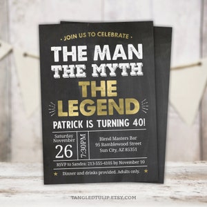 The Man, The Myth, The Legend Editable Birthday Invitation Gold Chalkboard Party Invite Digital PRINTABLE Corjl MM50 MM40