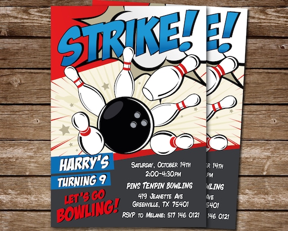 Bowling Birthday Invitation, Tenpin Bowling Party Invite PRINTABLE, Bowling, Strike, Pins, Digital Birthday Party, Boys or Girls Il_570xn