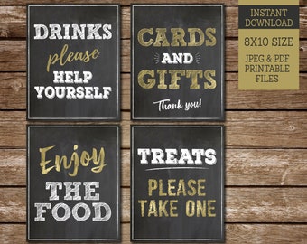 Food and Drinks Signs, Cards and Gifts Sign, PRINTABLE chalkboard gold and white birthday party signs 8x10