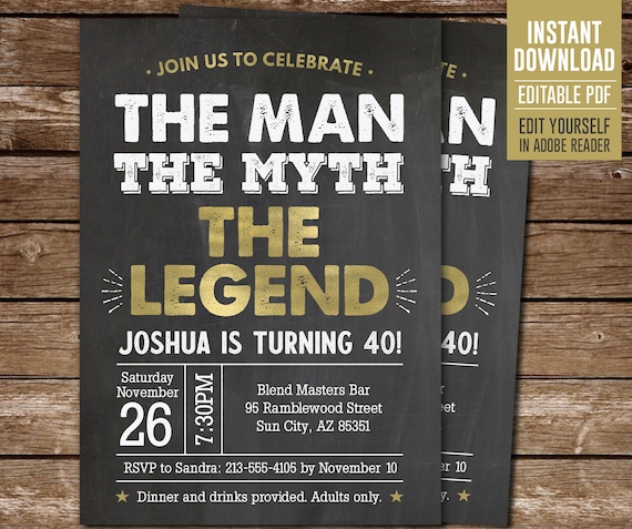The Man The Myth The Legend Birthday Invitation for a Man, INSTANT DOWNLOAD. Editable PDF, 40th 50th 60th 70th Any Age Party Invite Il_570xn