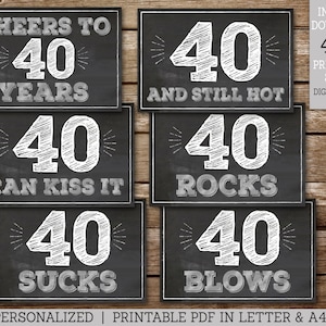 40th Birthday Signs, 40 Sucks, 40 Rocks, 40 Blows, Cheers to 40 Years, 40th Party Decor, 6 Chalkboard Style Signs Silver, PRINTABLE MS40 image 1