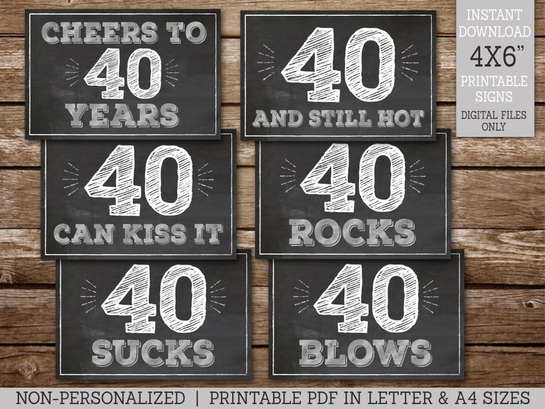 40th Birthday Signs, 40 Sucks, 40 Rocks, 40 Blows, Cheers to 40 Years, 40th Party Decor, 6 Chalkboard Style Signs Silver, PRINTABLE MS40 image 1