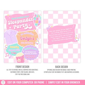 May include: A two-sided invitation for a sleepover party. The front design features text that reads "Sleepunder Party" and "Evelyn's 6th Birthday". The back design has a pink background with a poem about a sleepover.