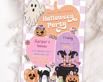 May include: A Halloween party invitation with a ghost, pumpkin, and black cat illustrations. The invitation features the text "Join us for a spooky Halloween Party" and event details. The background has a checkered pattern in pink and lavender.