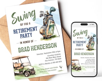 May include: A golf-themed retirement party invitation with the text "Swing by for a Retirement Party in Honour of Brad Henderson." The invitation features a watercolor illustration of a golf bag, golf cart, and golf ball. The invitation is on a white background.