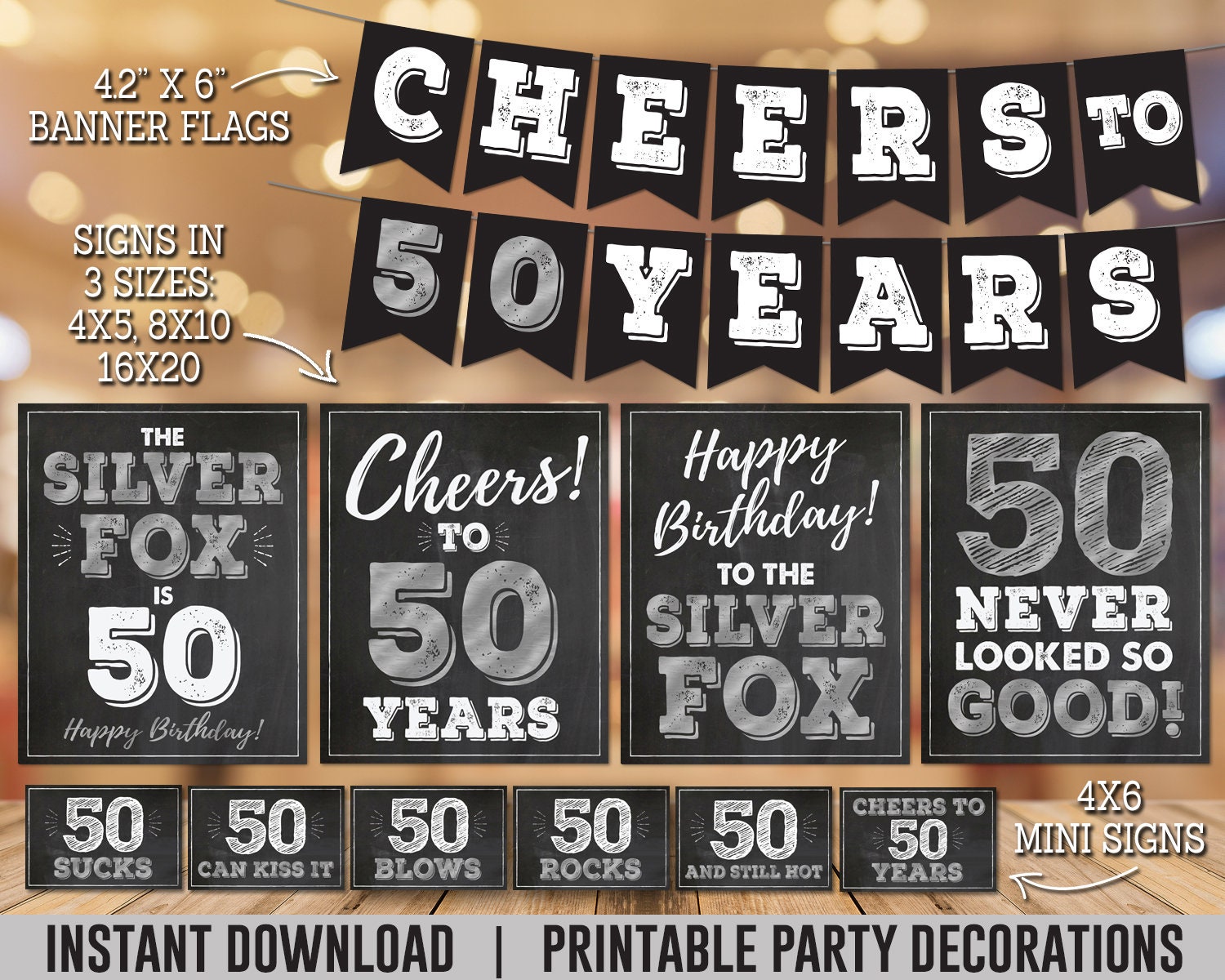 50th Birthday Party Decorations for Men, Silver Fox 50th Theme Birthday  Decor, Silver Fox Birthday PRINTABLE Party Pack, Instant Download 