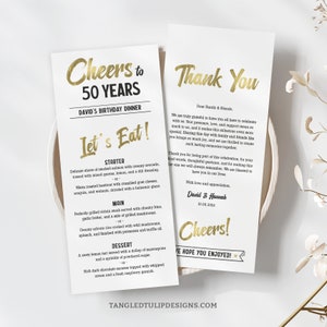 Dinermenu 50e verjaardag, bewerkbare Cheers menusjabloon, goud, man verjaardag dinermenu, afdrukbare menusjabloon, Corjl BG50