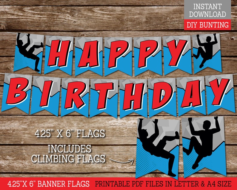 Climbing Party Happy Birthday Banner for Boys, PRINTABLE Birthday Banner for Rock Climbing Birthday Party Decor, DIY Banner, Download CL4 image 1