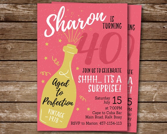 Surprise 40th Birthday Invitation for Woman, 40th Party Invite - Aged to Perfection, Digital Printable Champagne Invitation Il_570xn