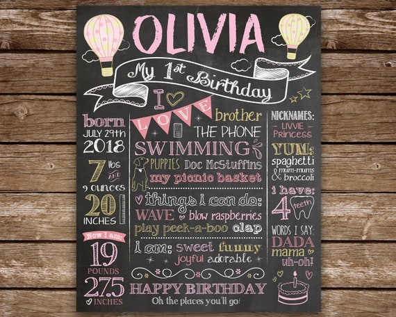 Hot Air Balloon Birthday Chalkboard, Hot Air Balloon Birthday for Girl, Birthday Poster, First Birthday Chalkboard, Up, Up and Away Il_570xn