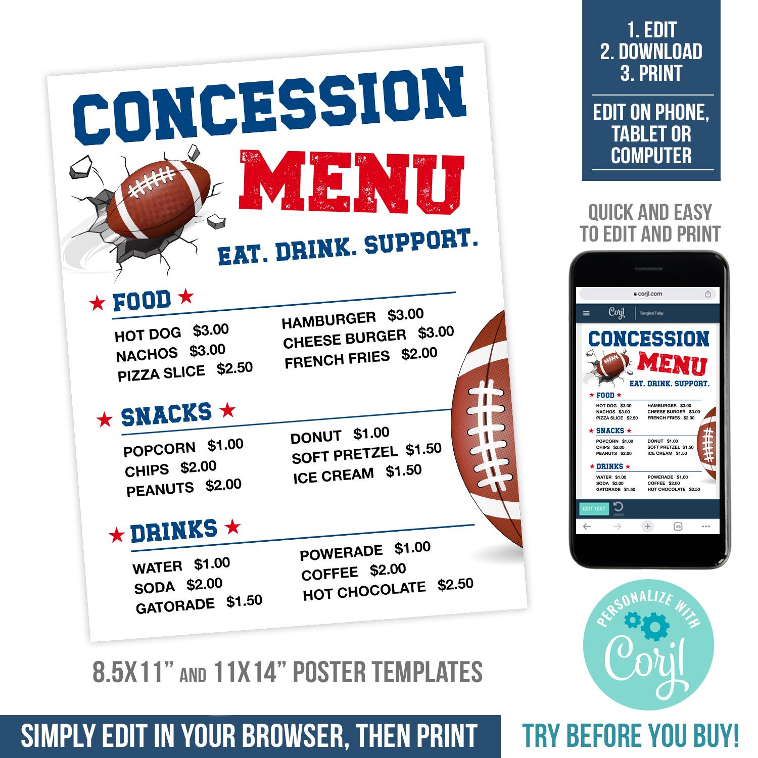 Football Concession Menu Poster | Football Refreshment Stand Price List ...