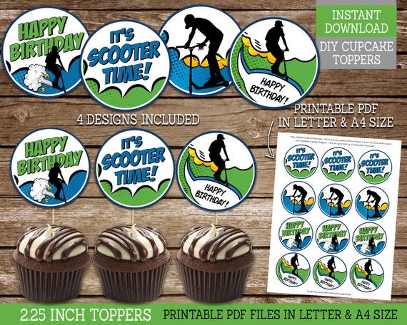 Scooter Party Cupcake Toppers, Scooter Birthday PRINTABLE Cupcake Toppers in Comic style, Instant Download Il_570xn