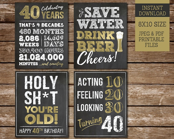 40th Birthday Sign Pack, 40th Birthday PRINTABLE Signs, Cheers to 40 Years Sign, Chalkboard and Gold Birthday Party Signs Il_570xn