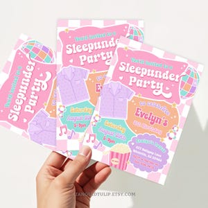 A Sleepunder Party invitation for the Birthday Girl! In a groovy design and pastel colors, with pajamas, popcorn for movies, music notes and disco ball. A cute rhyme at the back explains the concept of a Sleepunder. Fully editable invitation template.