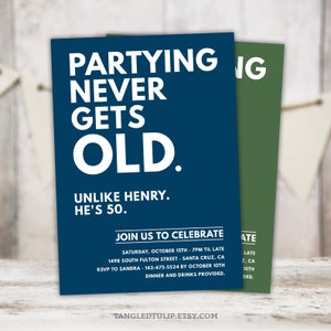 Editable Adult Birthday Invitation Partying Never Gets Old Party Invite Digital Download PRINTABLE Corjl OL1