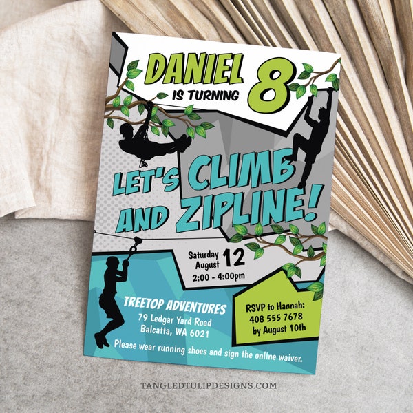 Ziplining Birthday Invitation for Boys, Climb & Zipline Party Editable Invite, Instant Download Ziplining Party Invite, Edit in Corjl BZ1