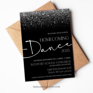 Homecoming Dance Invitation, Editable Homecoming Dance Invite Flyer and Poster, Sparkly black & white High School Dance HOC1