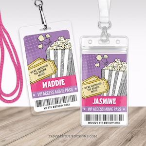 Bearbeitbare Filme Geburtstags-VIP-Abzeichen, VIP-Film-Access-Pass-Tag, Mädchen-Filmparty, Film-Geburtstag-Lanyard, digitaler Download, Corjl, MO4