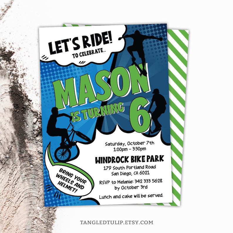 May include: A blue and green birthday invitation for a boy turning six. The invitation features a comic book style design with a boy riding a bike and a skateboard. The text on the invitation reads "Let's Ride! To Celebrate... Mason is turning 6". The invitation also includes the date, time, and location of the party, as well as an RSVP request.