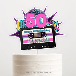 Topo de bolo de aniversário com tema dos anos 80 editável, topo de bolo de fita cassete para impressão, festa personalizada dos anos 80, mixtape, download, Corjl 80S1