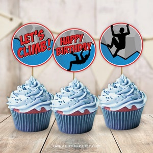 Boy Climbing Birthday Decoration Cupcake Toppers with cartoon style graphics of boys climbing in red and blue.