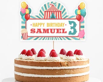 Carnival Birthday Cake Topper | Custom Name & Age Cake Topper | Printable Editable Template | Instant Download FSC1