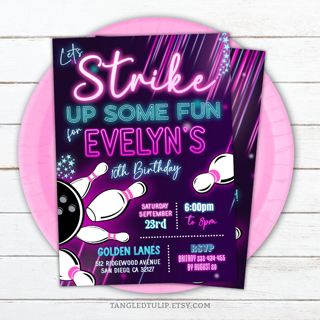 Editable Bowling Party Invitation Girl Glowing Neon Tenpin Etsy