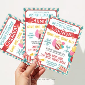 Modèle de Flyer de carnaval modifiable, affiche et invitation à la fête foraine de l&#39;école, idées de collecte de fonds pour l&#39;école, flyer de prise de force scolaire imprimable FSC1