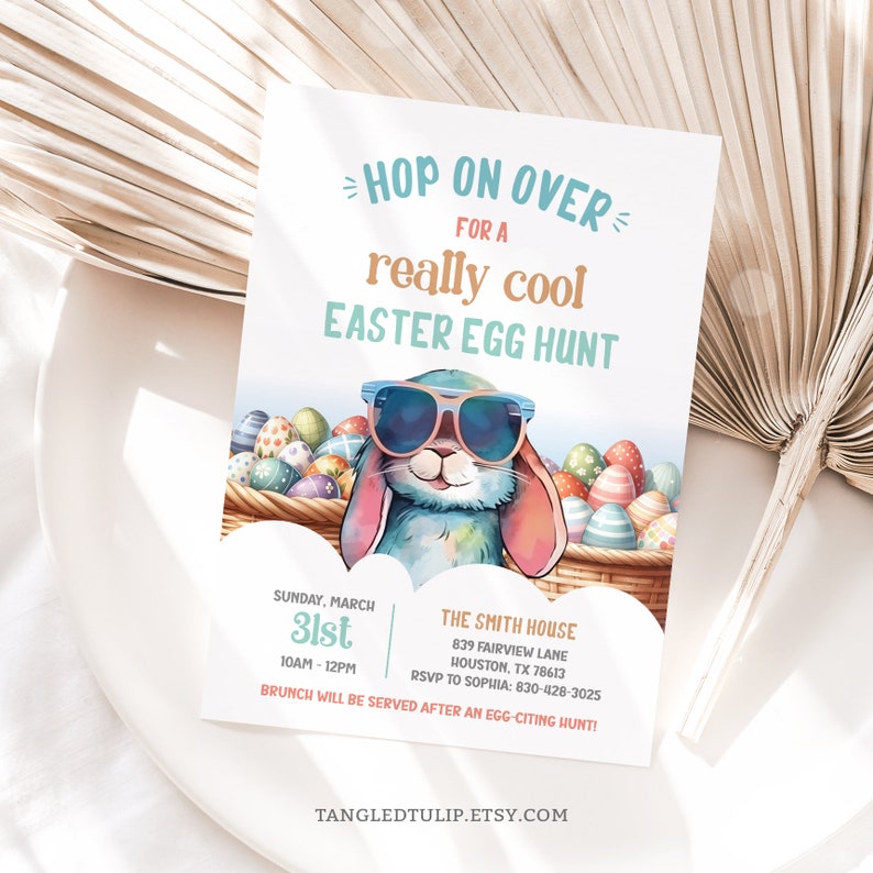 Easter Invitation with an Easter Bunny with Sunglasses and baskets of Easter Eggs. Hop On Over! Promising a Really Cool Easter! Editable Invitation Template. TangledTulip Designs.