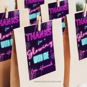 Glow Party Thank You Tags Girl Neon Glowing Party Favor Tags Teen Tween EDITABLE Instant Download PRINTABLE Corjl GLO1