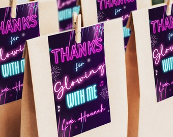 Glow Birthday Thank You Favor Tags | Neon Glow Party Favor Tag Template | Editable Printable | Instant Download GLO1