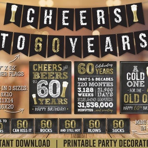 Decoración para fiesta de cumpleaños número 60, decoraciones para cumpleaños con mensaje &quot;Cheers to 60 Years&quot;, paquete de decoraciones con mensaje &quot;Cheers to 60 Years&quot;, descarga instantánea BG60