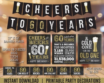 Cheers and Beers to 60 Years, PRINTABLE 60th Birthday Party Decorations pack for 60th Birthday Beers Party. Instant Download