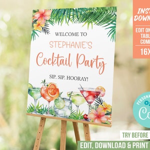 Cartello di benvenuto per cocktail party, cartello modificabile per cocktail party per compleanni o qualsiasi evento, download immediato, benvenuto tropicale, modifica in Corjl CP1