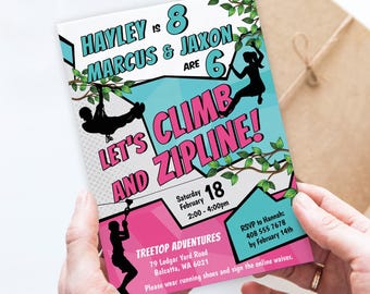 May include: A pink and blue comic book style invitation for a birthday party. The invitation says "Let's Climb and Zipline!" with the ages of the birthday children, Hayley 8 and Marcus & Jaxon 6. The party is at Treetop Adventures on Saturday, February 18th from 2:00-4:00pm. RSVP to Hannah by February 14th. Please wear running shoes and sign the online waiver.