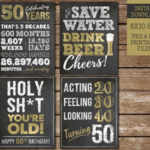50th Birthday Sign Pack, 50th Birthday Party PRINTABLE Signs, Cheers to 50 Years Signs, Chalkboard Fiftieth Birthday Party Signs BG50