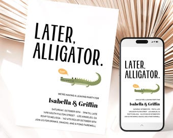 Uitnodiging voor het verlaten van het feest | Afscheid gaat later weg Alligator krokodil uitnodiging | Afdrukbare telefoonsjabloon | Directe download FAR1