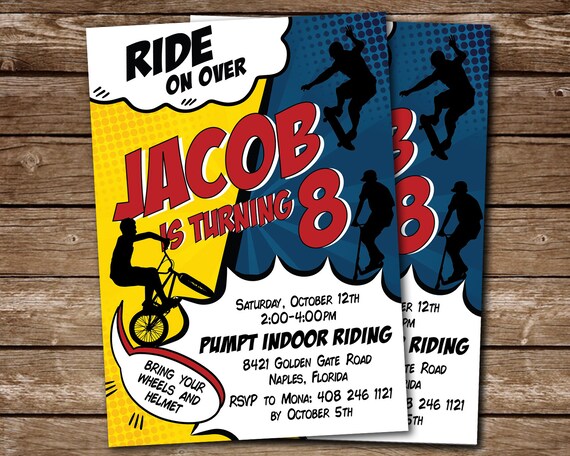 BMX Skater Scooter Ride On Over Birthday Party Invitation, Bike Skateboarding Bicycle Scooter Comic Style DIGITAL Invite Il_570xn