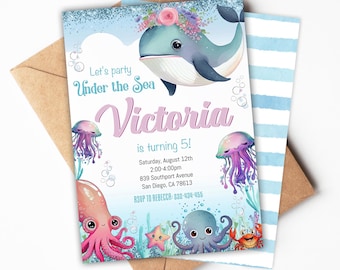 Under the Sea Birthday Invitation | Girl Sea Creatures Birthday Party Invite | Printable Editable Template | Instant Download US2