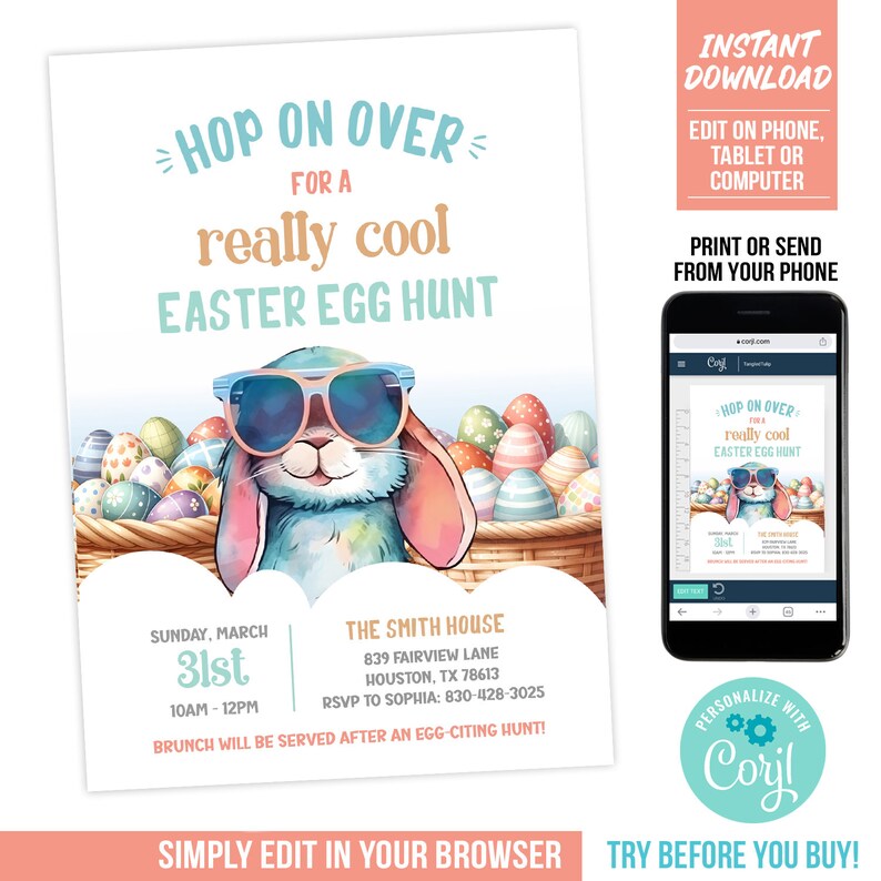 May include: An Easter egg hunt invitation with a cartoon bunny wearing sunglasses and holding a basket of colorful eggs. The invitation includes the text "Hop on over for a really cool Easter egg hunt" and details for the event, including the date, time, and location. The invitation is designed to be personalized with the user's own information.