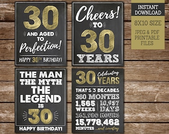 30 Aged to Perfection, PRINTABLE Cheers to 30 Years signs, Happy 30th Birthday, Gold 30th Birthday Party Signs, Instant Download BG30