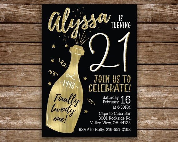 21st Party Invite, Gold and Black, Champagne Invite, Finally Twenty One, Printable 21st Invite, Gold, Silver or Rose Gold Digital Invite Il_570xn