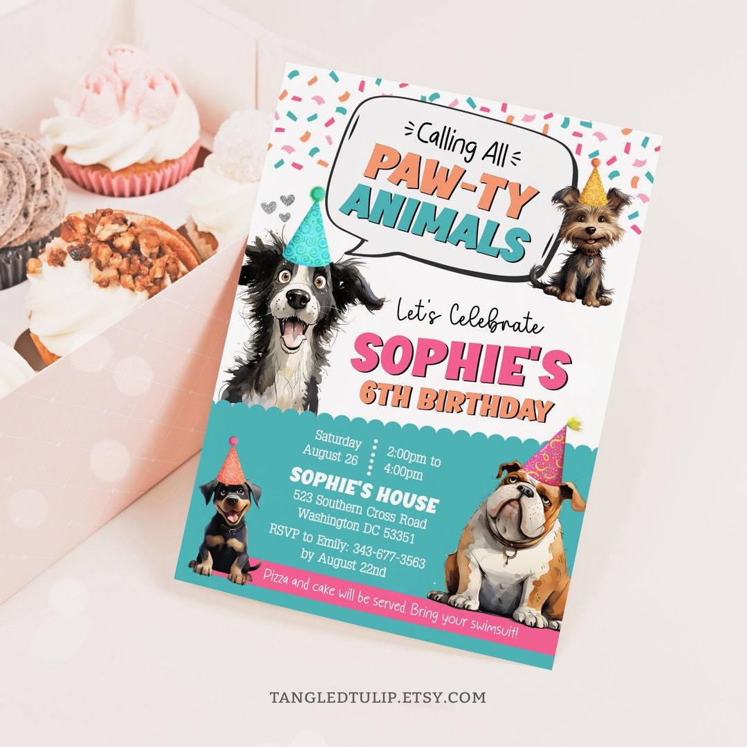 Dog Theme Birthday Invitation | Girl Puppy Dog Pawty Birthday Party ...