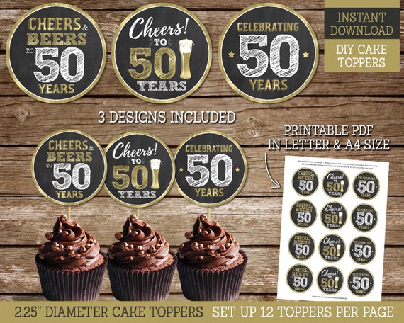 Cheers to 50 Years Cupcake Toppers, PRINTABLE Cupcake Toppers for 50th Birthday, Cheers and Beers to 50 Years DIY Cake Toppers, PDF Il_570xn