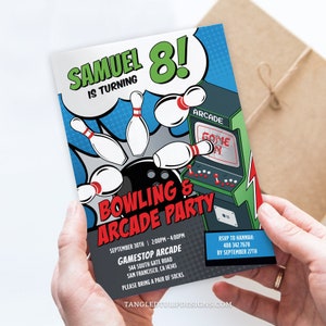 Editable Bowling Arcade Party Invitation, Comic style Bowling & Arcade Birthday Invite for Boys, Digital Invite, Corjl BB1