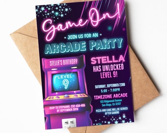 Arcade Games Birthday Invitation | Girl Neon Glow Arcade Birthday Party Invite | Printable Editable Template | Instant Download ARC2