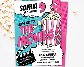 May include: A pink and blue birthday party invitation with a comic book style design. The invitation says "Sophia is turning 9" and "Let's go to the movies!" with a cartoon image of a popcorn bucket. The invitation includes the date, time, location, and RSVP information.