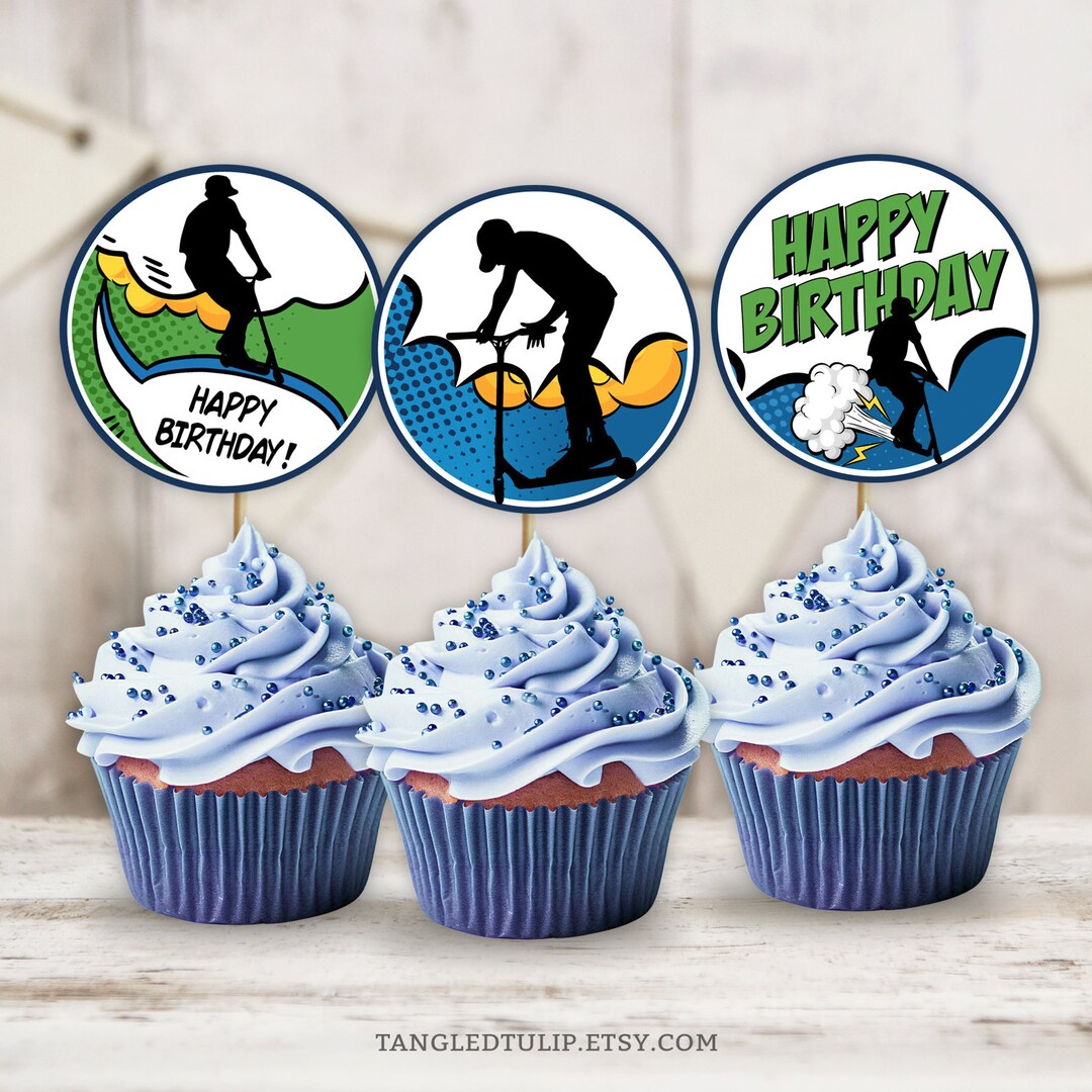 Scooter Birthday Cupcake Toppers Boy Scooting Party Cake Comic Etsy