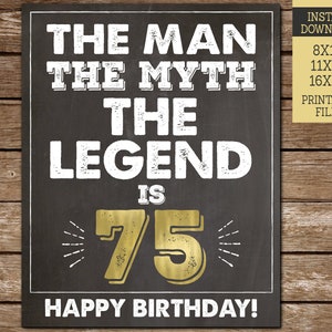 75. Geburtstag Zeichen für Männer, der Mann der Mythos die Legende, alles Gute zum 75. Geburtstag, Sofort Download, DRUCKBARE Party Dekoration, Gold